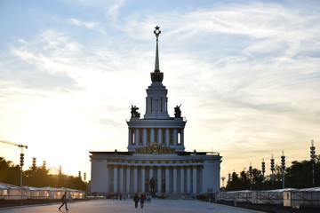 Sunset in Moscow behind old soviet heritage landmark in Russia ,  Traditional Building
