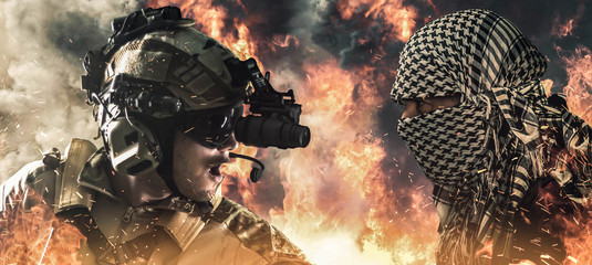 Soldier and terrorist guerilla with fire background - obrazy, fototapety, plakaty