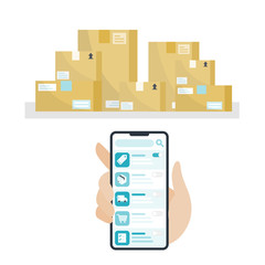 Obraz premium smartphone is checking the product list and Corrugated box 2D flat vector set