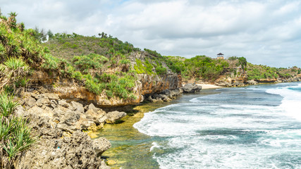 Beautiful view of rocky beach of Kukup Beach, Gunung Kidul, yogyakarta, Indonesia
