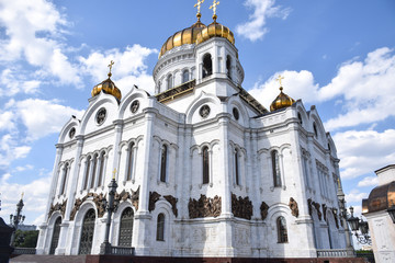 Russian Orthodox Church in Moscow - White with gold Dome , the Cathedral of Christ the Saviour 
