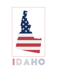 Idaho Logo. Map of Idaho with us state name and flag. Classy vector illustration.