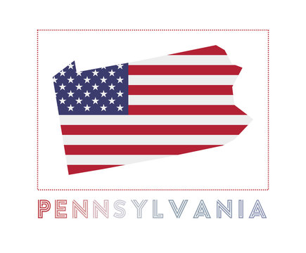Pennsylvania Logo. Map of Pennsylvania with us state name and flag. Powerful vector illustration.