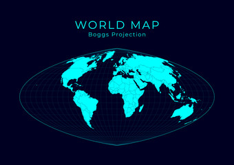 Map of The World. Boggs eumorphic projection. Futuristic Infographic world illustration. Bright cyan colors on dark background. Classy vector illustration.
