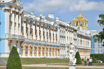 view for the russian landmark Catherine royal gold Palace and outdoor park and garden , Rococo...