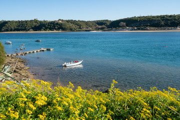 View of Vila Nova de Milfontes view of river Mira with boats, in Portugal