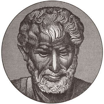 Aristotle portrait on old Greek drachma banknote, isolated on white. Genius Ancient Greek philosopher, tutor of Alexander the Great. Black and white.