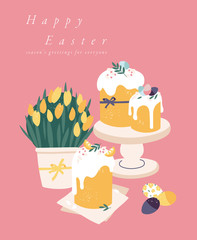 Vector illustration for Easter holiday. Beautiful flowers bouquet with Easter cake and painting eggs. Template for greeting card, poster