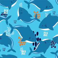 Sharks, hand drawn seamless pattern. Marine background vector. Colorful illustration, overlapping backdrop with fishes. Decorative cute wallpaper, good for printing