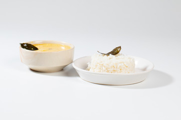 Indian Traditional Cuisine Kadhi Chawal Also Know as Curry Chawal, Yogurt Curry with Rice on White Background