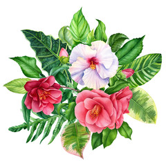 bouquet of tropical flowers and leaves on an isolated white background, watercolor painting, hand drawing, camellia and hibiscus flowers