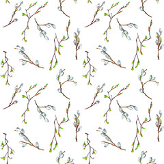 Seamless pattern of realistic birch and willow branches in spring Easter time with blooming buds. Watercolor hand painted elements isolated on white background.