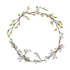 Obraz na płótnie Canvas Round wreath of realistic isolated willow in bottom position and birch in upper. Branches in spring Easter time with blooming buds. Watercolor hand painted elements isolated on white background.