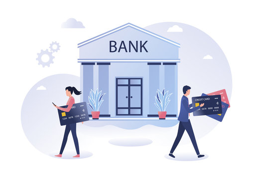 A man and a woman exit the bank building and hold credit cards with paypass in their hands. The concept of a loan, online payment, installment purchases. Vector flat illustration on a white background