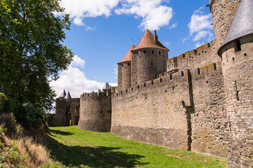 Fototapeta na wymiar Castle tower in carcassonne fortress in france