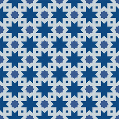 Classic Blue Ornate Seamless Vector Pattern of Moorish Tile Decorations. Tileable mosaic background in Islamic style.