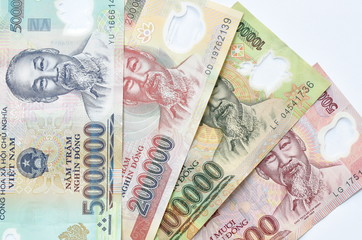 Vietnamese Dong or VND banknote on white background 