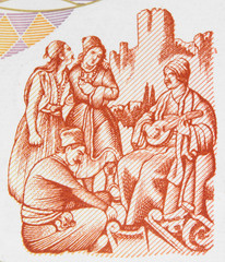 Greeks in traditional clothes on Greece 200 drachma (1996) close up. Vintage engraving.