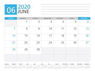 JUNE 2020 calendar planner set for template corporate design week start on Sunday. desk calendar 2020 design, simple and clean design, 12 months yearly calendar set vector layout