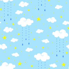 Seamless vector pattern with clouds and stars on blue background. Simple baby shower wallpaper design with sky.