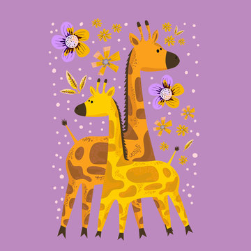 Vector image of a giraffe on a botanical background. Flat illustration of african animals. Tropical plants, leaves and flowers made in the Scandinavian style. Wildlife Africa in doodle style.