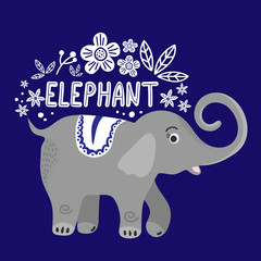 Vector image of a giraffe on a botanical background. Flat illustration of african animals. Tropical plants and flowers made in the Scandinavian style. Wildlife Africa in doodle style.