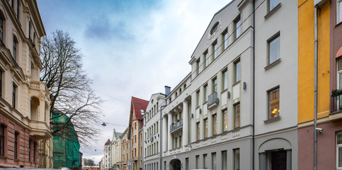 Modern buildings on the city street. Riga, Latvia. Art Nouveau architecture.