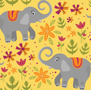 Seamless pattern. Vector image of a giraffe on a botanical background. Flat illustration of african animals. Tropical plants and flowers made in the Scandinavian style. Wildlife Africa in doodle style