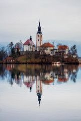Fototapeta na wymiar Winter Morning at Beautiful Bled Lake National Park Slovenia