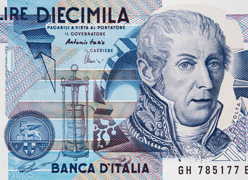 Alessandro Volta portrait on Italy 10000 lira (1984) banknote close up macro. Famous Italian physicist, inventor of the electric battery.