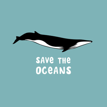 Drawing of a blue whale. Save the oceans. Vector illustration with the inscription. Eco poster design.