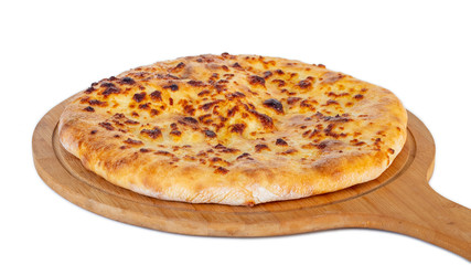 Georgian traditional food khachapuri on a wooden dish on white background.