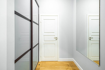 Interior of hallway in light tones. White door. Sliding wardrobe. Mirror.