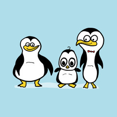 Cartoon penguin family set. Penguin mother, dad and baby. Isolated vector illustration.