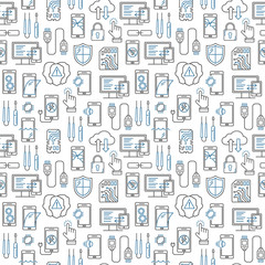 Mobile repair service, phone fix seamless pattern. Smartphone common issues, repair and accessories background. Mobile service thin line logotype and symbols. Electronic equipment, technology