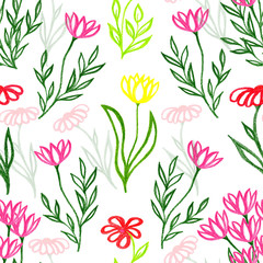 Pattern seamless with red pink orange cartoon flowers on white background, for material, postcards, invitations, greeting cards, clothes, paper, holiday, wallpaper, textile. Drawn by pencils