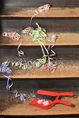 confetti and ribbons on wood steps and a dust pan - cleaning up after the party