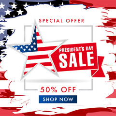 Presidents day USA brush paint sale banner. Special offer -50 off discount for President`s Day, vector illustration