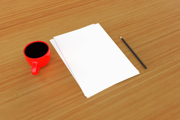 3d rendering paper and pencil on table background