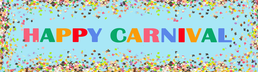 Happy Carnival background panorama banner long - Frame made of colorful confetti isolated on blue texture, top view with space for text
