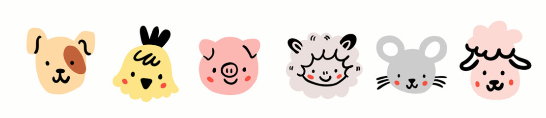 Dog, chicken, pig, sheep, mouse, goat round face
