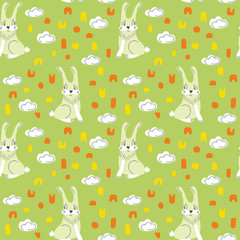 Cute bunnies on a green background . Vector Seamless pattern, hand-drawn vector illustration for fabric and other surfaces