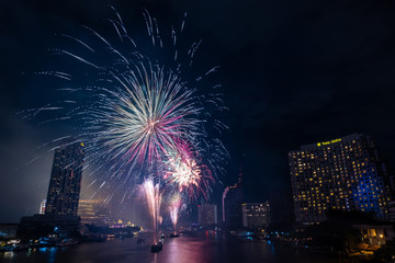 Fireworks for the new year Mighty above the river Of Thailand