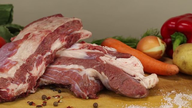 Meat and vegetables for the preparation of the national Russian dish - borsch, close-up