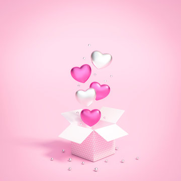 Pink and white hearts floating on gift box opening with pink background 3d rendering. 3d illustration Love and Valentines Day greeting card concept, invitation or banner template minimal style.
