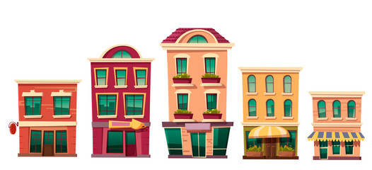 Urban retro residential buildings with small shops and cafe, set cartoon vector illustration. Vintage houses with restaurant, bakery or local shops isolated on white background.