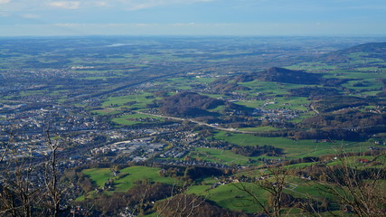 Aerial panorama of Salzburg from the top of Untersberg mountain in Austria.