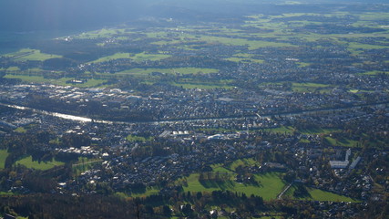 Fototapeta na wymiar Aerial panorama of Salzburg from the top of Untersberg mountain in Austria.