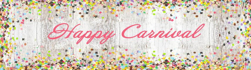 Happy Carnival background panorama banner long - Frame made of colorful confetti isolated on white rustic shabby wooden texture, top view with space for text