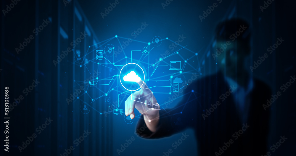 Aufkleber Man touching hologram projection displaying cloud system